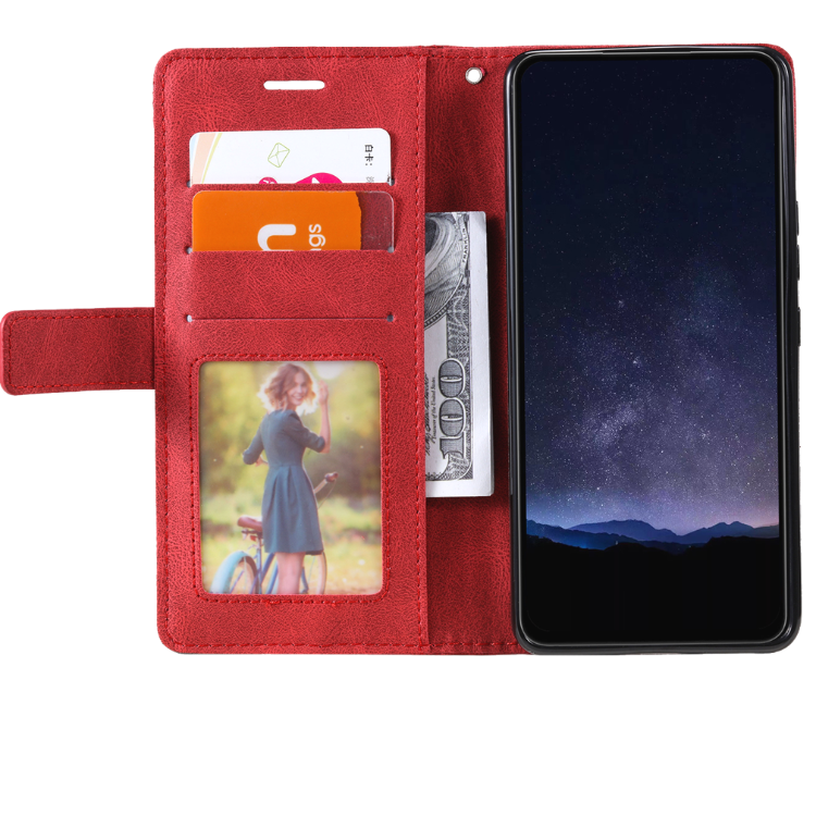 Rdeča preklopna torbica WLGO Lines za Samsung Galaxy S26 FE z režami za kartice, prostorom za bankovce in prozornim žepom za fotografijo.