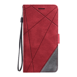 Rdeča preklopna torbica WLGO Lines za Samsung Galaxy S26 FE z vrvico za nošenje, magnetnim zapiranjem in elegantnim geometrijskim dizajnom.