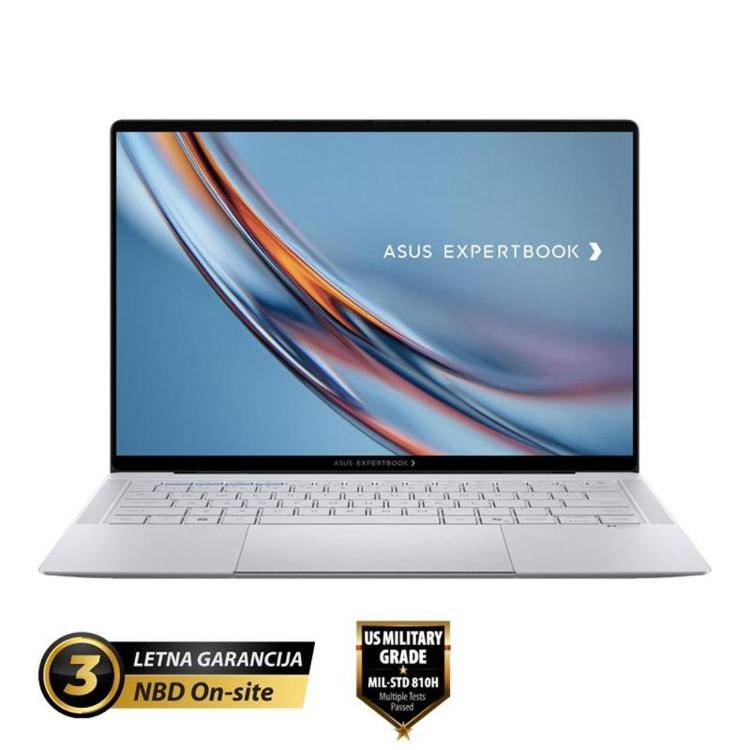 ASUS ExpertBook z elegantnim srebrnim ohišjem, izjemno tankim profilom in ozkimi robovi zaslona omogoča vrhunsko mobilnost ter učinkovito delo doma, v pisarni ali na poti.