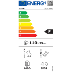 Energijska nalepka EU za Xiaomi, razred F, avtonomija 110 h 35 min, IP54 zaščita, baterija za 1000 ciklov.