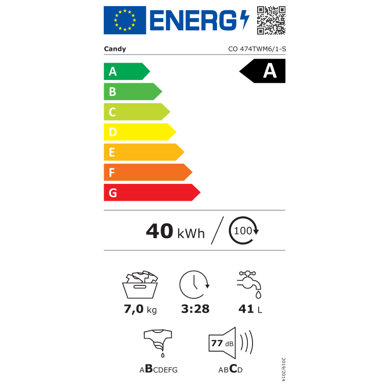 Energijska nalepka za pralni stroj Candy CO 474TWM6/1‑S z energijskim razredom A, porabo 40 kWh na 100 ciklov, zmogljivostjo 7 kg, porabo 41 L vode na cikel, trajanjem programa 3 h 28 min in glasnostjo 77 dB pri ožemanju.