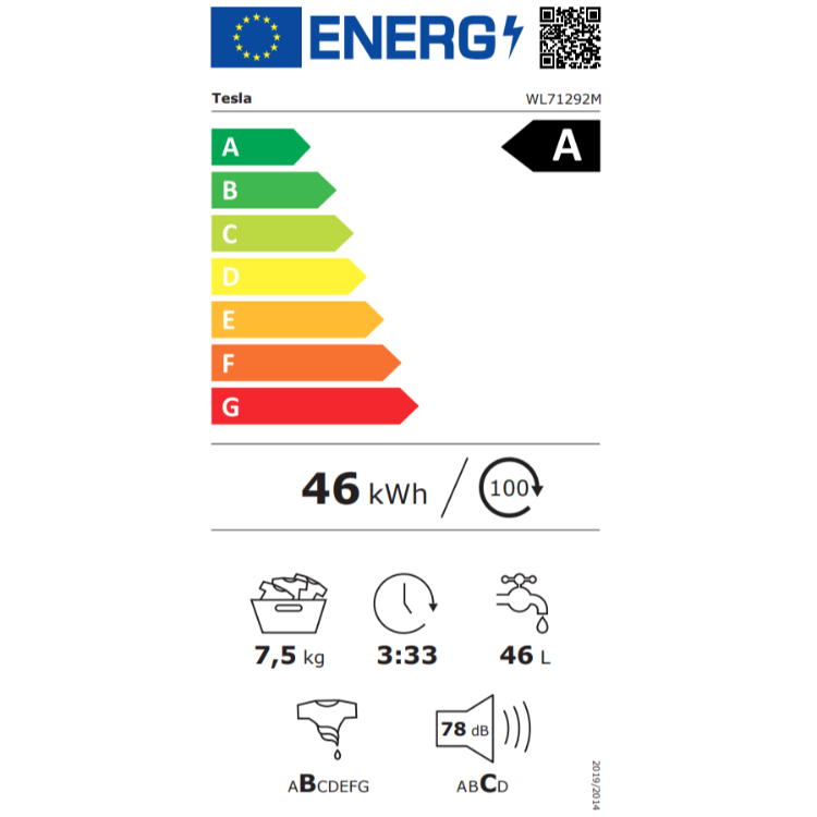 Energijska nalepka za pralni stroj Tesla WL71292M z energijskim razredom A, porabo 46 kWh na 100 ciklov, zmogljivostjo 7,5 kg, porabo 46 L vode in glasnostjo 78 dB pri ožemanju