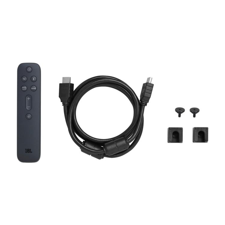 JBL BAR 2.1 Deep Bass MK2 priložena oprema: daljinec, HDMI kabel, stenska nosilca in pritrdilni vijaki.