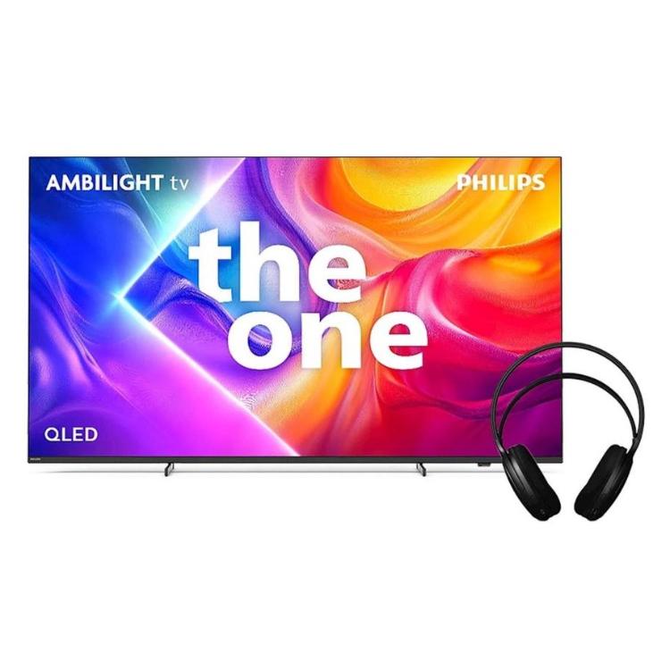 Philips Ambilight TV “The One” QLED: barvit 4K zaslon z napisom “the one”, priložene črne slušalke.