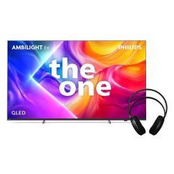 Philips Ambilight TV “The One” QLED: barvit 4K zaslon z napisom “the one”, priložene črne slušalke.