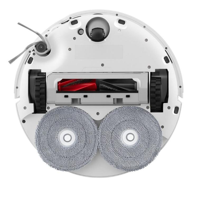 Spodnja stran robotskega sesalnika Roborock z dvojno vrtljivo krpo za pomivanje, glavno krtačo DuoDivide in stransko metlico za učinkovito čiščenje.