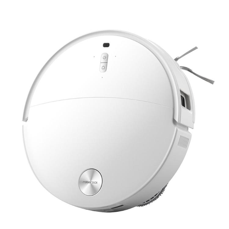 Bel robotski sesalnik Roborock z elegantnim minimalističnim dizajnom, prikazan od zgoraj.