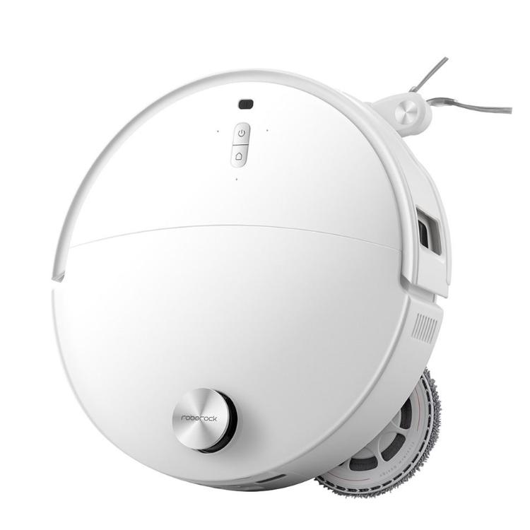 Bel robotski sesalnik Roborock z LiDAR navigacijo, prikazan pod kotom z dvema vrtljivima krpama za mokro čiščenje.