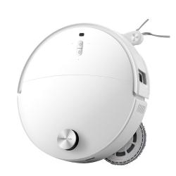 Bel robotski sesalnik Roborock z LiDAR navigacijo, prikazan pod kotom z dvema vrtljivima krpama za mokro čiščenje.