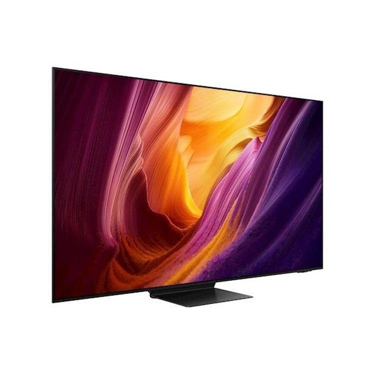 Samsung 77‑palčni OLED televizor na stojalu, sprednji pogled z živahnimi barvami zaslona.