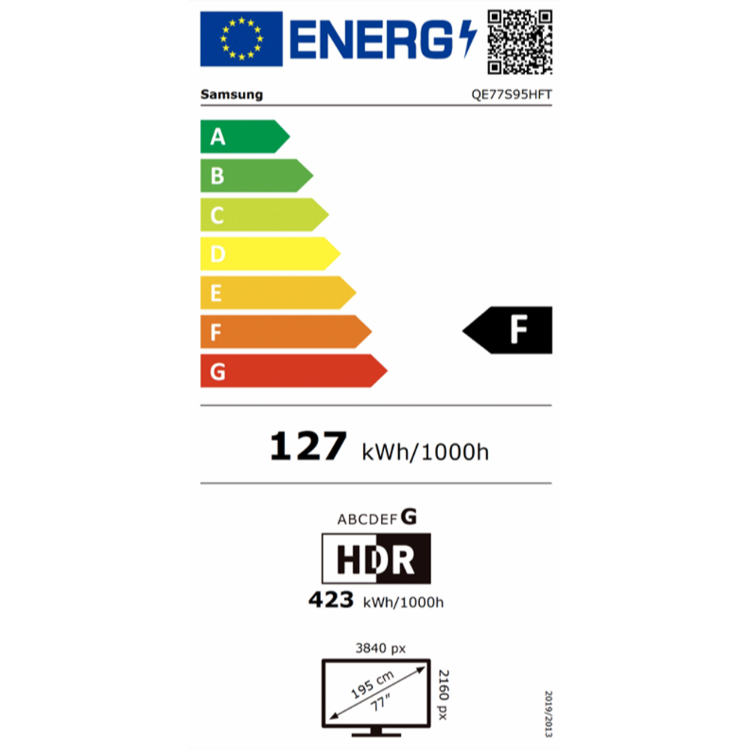 Energijska nalepka Samsung OLED TV QE77S95HFT z razredom učinkovitosti F, poraba 127 kWh/1000 h in diagonala 77 palcev.