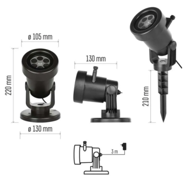 Dekorativni LED projektor v črni barvi, prikazan s tehničnim prikazom dimenzij, nosilcem in talnim klinom za zunanjo namestitev. Vidne so dimenzije projektorja 220 × 130 × 105 mm, višina s talnim klinom pa znaša 210 mm.