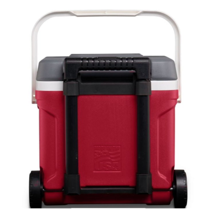 Zadnji pogled na Igloo hladilno torbo na kolesih z izvlečnim ročajem.