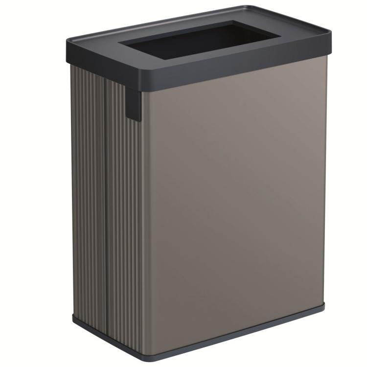 Pravokoten koš za odpadke v sivo-rjavi barvi z odprtino na vrhu, rebrastimi stranicami in modernim minimalističnim dizajnom.
