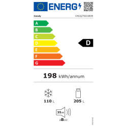 Energijska nalepka za hladilnik z zamrzovalnikom Candy CNCQ2T6S18DW, prikazana z energijskim razredom D, porabo 198 kWh letno, prostornino hladilnika 205 l, zamrzovalnika 110 l in glasnostjo 35 dB.