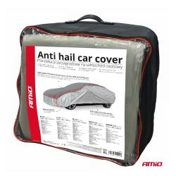 Seznam znamk in modelov vozil, za katere je primerna prevleka (Chevrolet, Fiat, Ford, Renault itd.). **Slika 2:** Siva zaščitna prevleka za avto z rdečimi robovi pokriva celotno vozilo, vidna oblika limuzine. **Slika 3:** Embalaža zložene prevleke z ročajem in napisom "Anti hail car cover", prikazane velikosti in lastnosti.