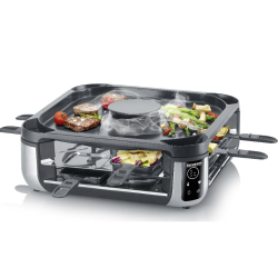 SEVERIN raclette žar v črno-srebrni barvi, prikazan z integrirano napo za odvajanje hlapov, grill ploščo in osmimi ponvicami.