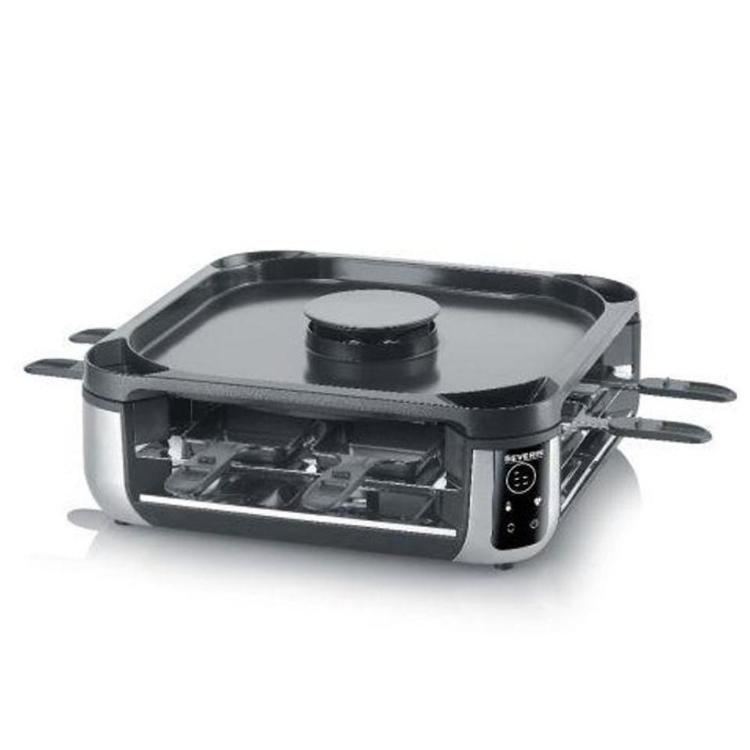 SEVERIN raclette žar v črno-srebrni barvi, prikazan z digitalnim upravljanjem, gladko grill ploščo in osmimi ponvicami.
