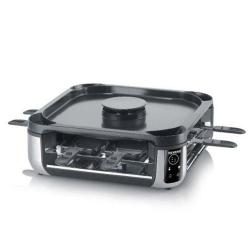 SEVERIN raclette žar v črno-srebrni barvi, prikazan z digitalnim upravljanjem, gladko grill ploščo in osmimi ponvicami.