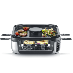 SEVERIN raclette žar v črno-srebrni barvi, prikazan med pripravo mesa, zelenjave in zapečenih jedi v osmih ponvicah.