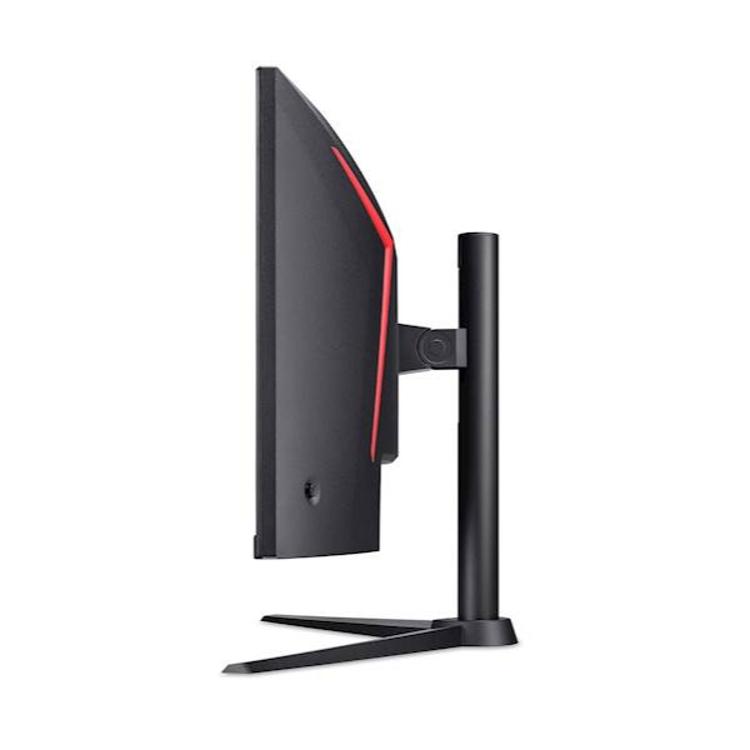 Stranski pogled monitorja Acer Nitro XZ340CUR, izrazit ukrivljen profil, rdeči poudarki in robustno stojalo.