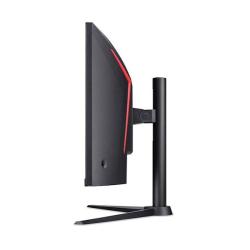 Stranski pogled monitorja Acer Nitro XZ340CUR, izrazit ukrivljen profil, rdeči poudarki in robustno stojalo.
