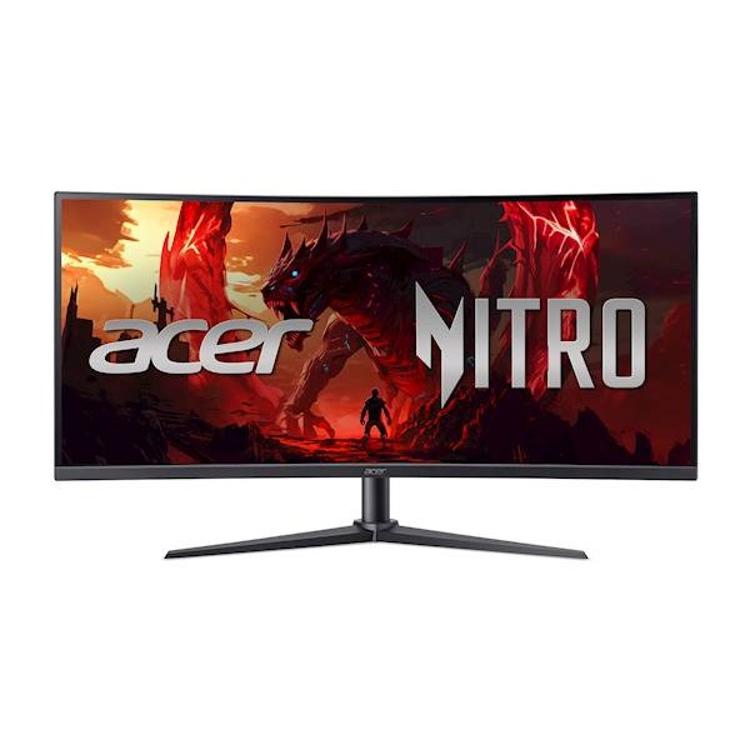 Sprednji pogled ukrivljenega gaming monitorja Acer Nitro XZ340CUR, 34" širok zaslon in minimalistično stojalo.