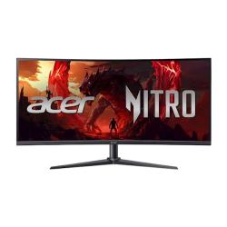 Sprednji pogled ukrivljenega gaming monitorja Acer Nitro XZ340CUR, 34" širok zaslon in minimalistično stojalo.