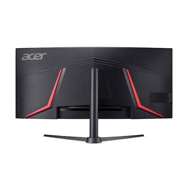 Zadnji pogled monitorja Acer Nitro XZ340CUR, gaming dizajn z rdečimi linijami in centralno nameščeno stojalo.