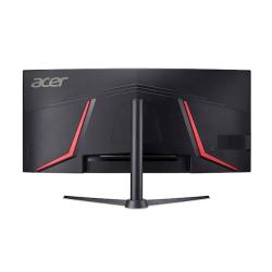 Zadnji pogled monitorja Acer Nitro XZ340CUR, gaming dizajn z rdečimi linijami in centralno nameščeno stojalo.