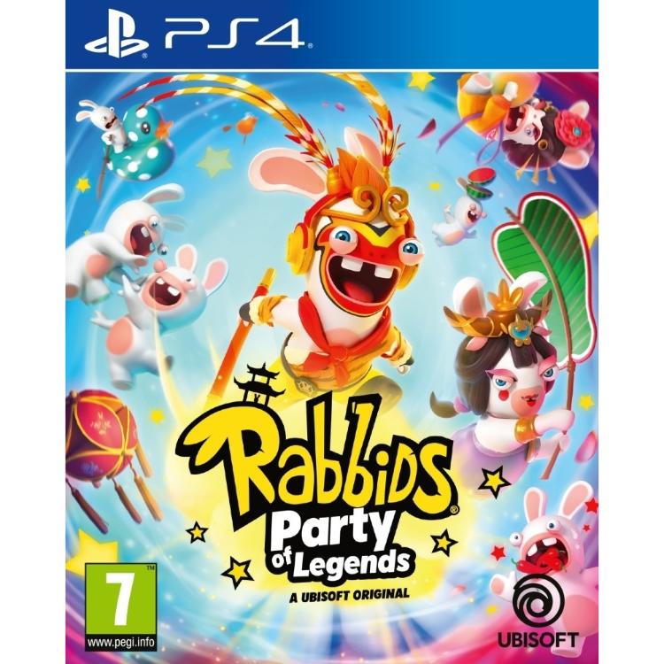 Igra Rabbids: Party of Legends za PlayStation 4 v fizični embalaži, z barvitimi liki Rabbids in oznako PEGI 7.