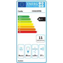 Energijska nalepka za kuhinjsko napo Candy CDG6CBP8B z energijskim razredom A++, letno porabo 11 kWh, razredom učinkovitosti osvetlitve A, filtracije maščob D in glasnostjo 57 dB