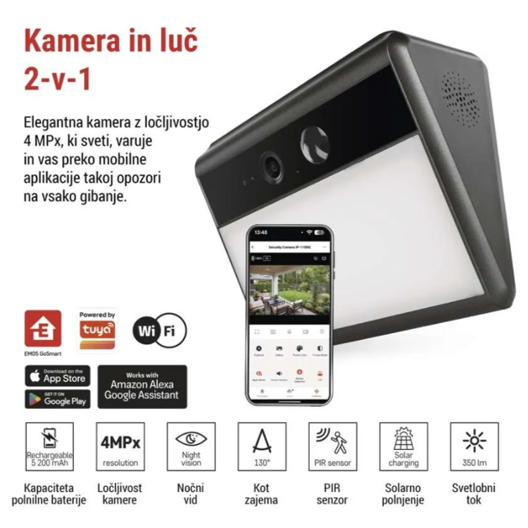 Zunanja baterijska kamera GoSmart IP-1100G WALL z WiFi in sončnim panelom, 4 MP, nočnim vidom, PIR senzorjem in 130° kotom.