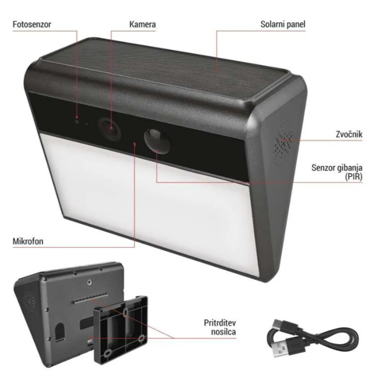 Zunanja baterijska kamera GoSmart IP-1100G WALL z WiFi in sončnim panelom, označeni kamera, PIR senzor in mikrofon.