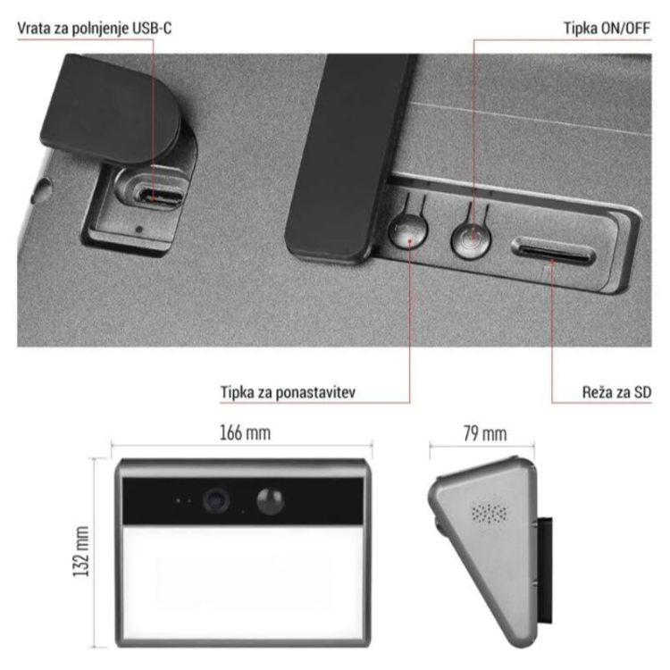 Zunanja baterijska kamera GoSmart IP-1100G WALL z WiFi in sončnim panelom, prikaz USB-C vhoda, SD reže in mer.