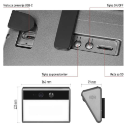 Zunanja baterijska kamera GoSmart IP-1100G WALL z WiFi in sončnim panelom, prikaz USB-C vhoda, SD reže in mer.