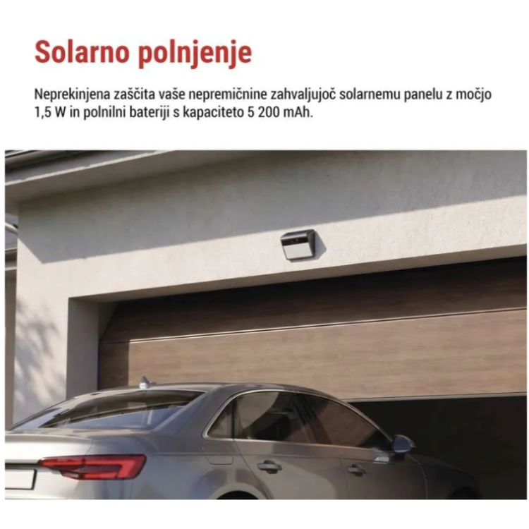 Zunanja baterijska kamera GoSmart IP-1100G WALL z WiFi in sončnim panelom nad garažo za neprekinjen nadzor.