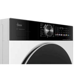 Upravljalna plošča pralno-sušilnega stroja Hoover z vrtljivim izbirnikom programov, digitalnim zaslonom in predalom za detergent.