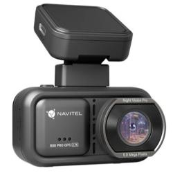 Navitel R88 PRO GPS avtomobilska kamera v črni barvi, prikazana s sprednje in zadnje strani z barvnim zaslonom ter priloženim GPS modulom.