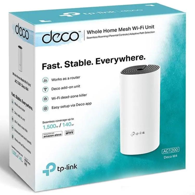 Mesh sistem TP‑Link Deco M4 z moderno belo zasnovo, podporo za Amazon Alexa in pokritostjo do 140 m² predstavlja idealno rešitev za hitro, stabilno in enotno Wi‑Fi omrežje v celotnem domu.
