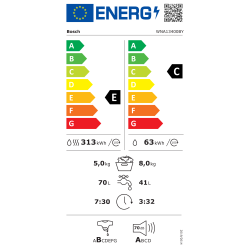 Energijska nalepka za pralno‑sušilni stroj Bosch WNA13400BY z energijskim razredom E za pranje in sušenje ter A za pranje, porabo 313 kWh in 63 kWh na 100 ciklov, zmogljivostjo 5 kg (pranje in sušenje) oziroma 8 kg (pranje) ter glasnostjo 70 dB pri ožemanju.