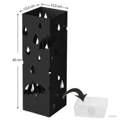 Stojalo za dežnike v črni barvi z označenimi dimenzijami 49 × 15,5 cm in plastičnim vložkom.
