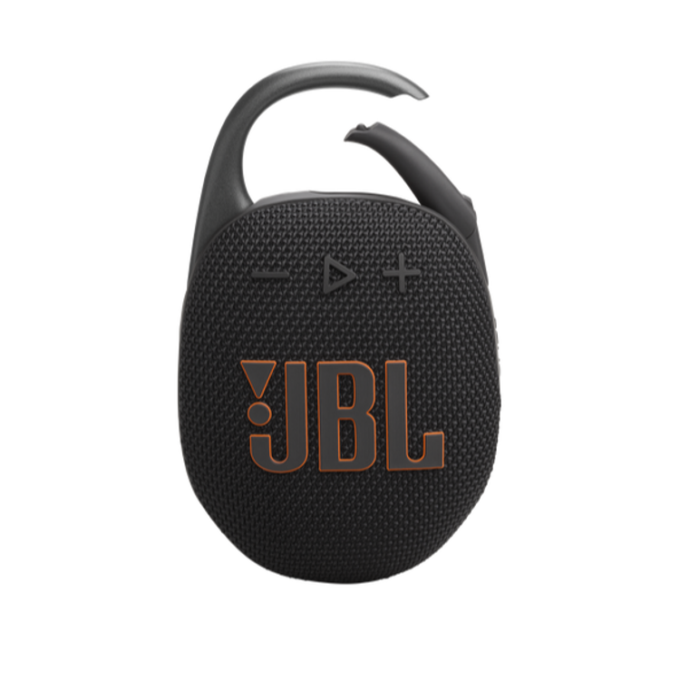Prenosni zvočnik JBL z odprtim karabinom in vidnim logotipom na mrežasti površini
