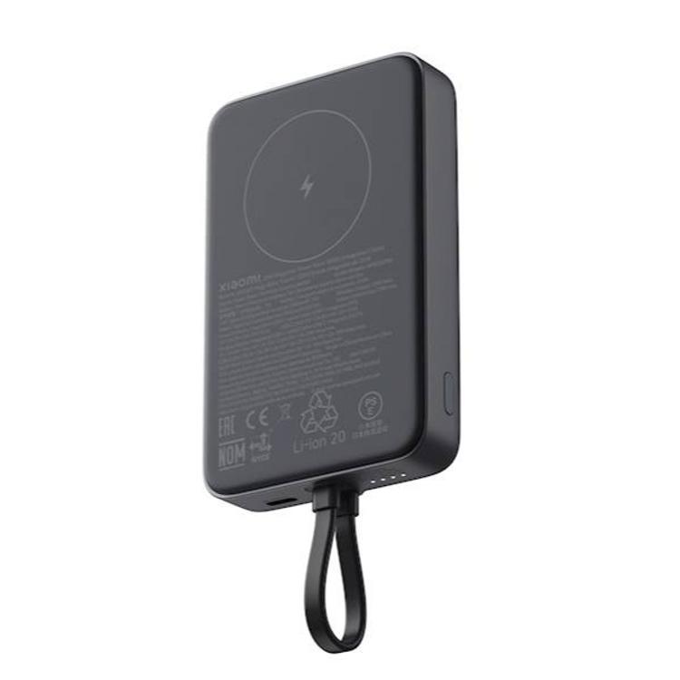Prenosna baterija Xiaomi 33W 10000, črna, zadnji pogled s podporo magnetnemu polnjenju in prikazom priključkov.