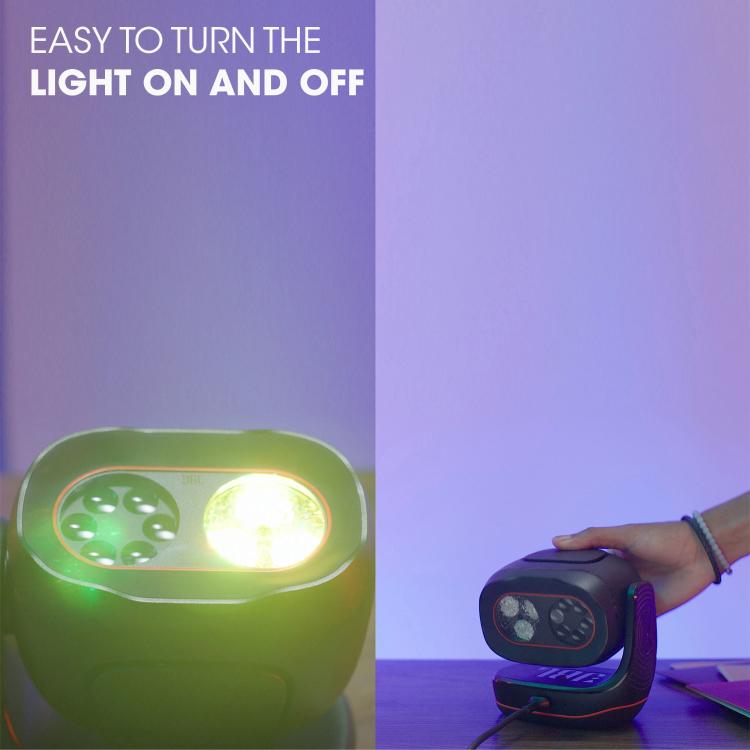 JBL Partylight Beam med vklopom, prikaz enostavnega upravljanja svetlobnih učinkov.