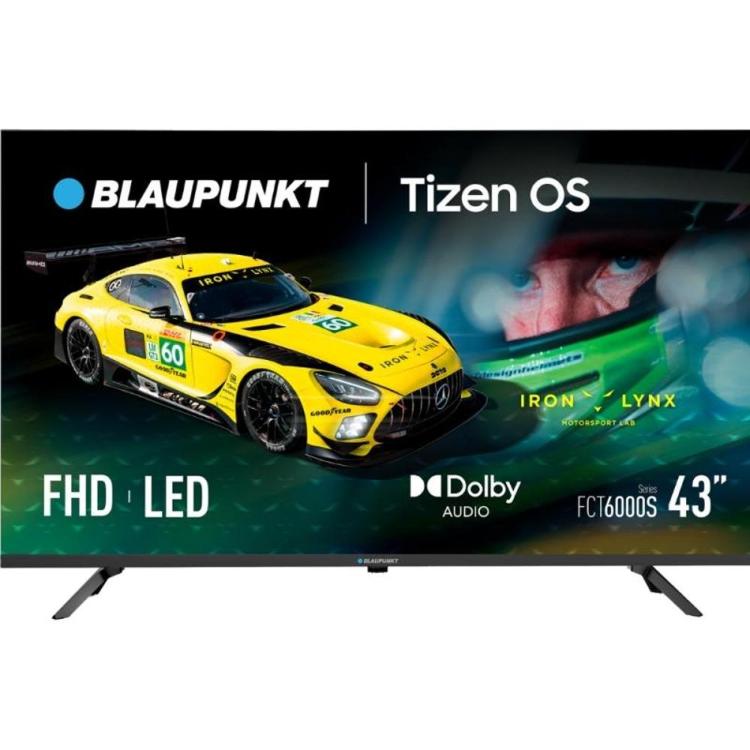 Blaupunkt 43" Full HD LED Tizen OS televizor, sprednji pogled z oznakami FHD, LED, Dolby Audio.