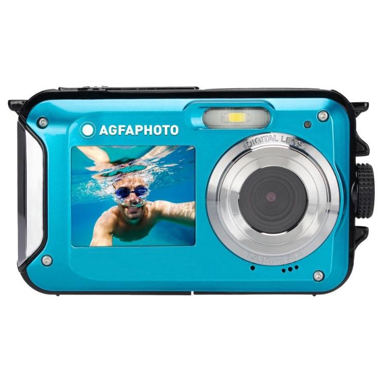 AgfaPhoto Realish, sprednji pogled, vodoodporni fotoaparat, velik objektiv, bliskavica in zaslon za selfie.