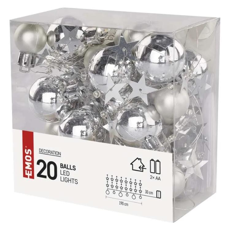 Božična girlanda Emos LED, srebrne krogle z zvezdami, 1,9 m, notranja, topla