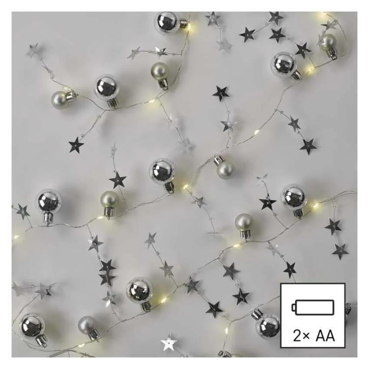 Božična girlanda Emos LED, srebrne krogle z zvezdami, 1,9 m, notranja, topla