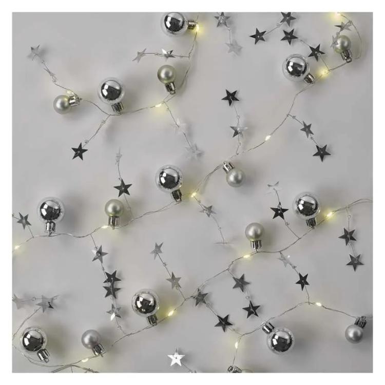 Božična girlanda Emos LED, srebrne krogle z zvezdami, 1,9 m, notranja, topla